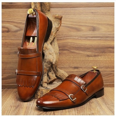Handmade Men's Brown Leather Double Buckle Fringe Shoes