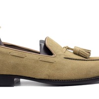 Handmade Men's Beige Suede Tassle Loafer Shoes - Thumbnail 1