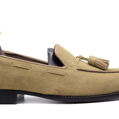 Handmade men's beige suede tassle loafer shoes