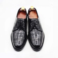 Handmade Men's Black Alligator Print Laceup Dress Shoes - Thumbnail 1