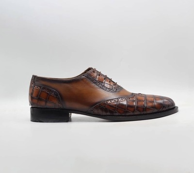 Handmade Men's Brown Leather & Alligator Print Laceup Dress Shoes
