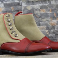 Handmade Men's Two tone Leather & Suede Button CapToe Ankle Boot - Thumbnail 1