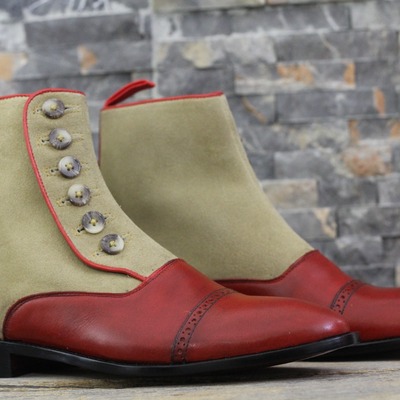 Handmade men's two tone leather & suede button captoe ankle boot