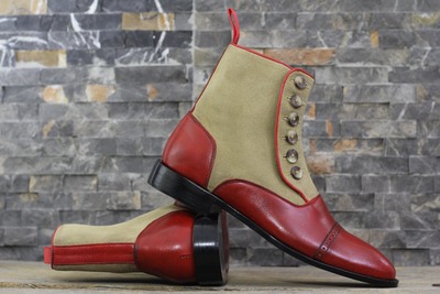 Handmade Men's Two tone Leather & Suede Button CapToe Ankle Boot