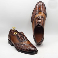 Handmade Men's Brown Leather & Alligator Print Laceup Dress Shoes - Thumbnail 1