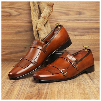 Handmade men's brown leather double buckle fringe shoes