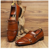 Handmade Men's Brown Leather Double Buckle Fringe Shoes - Thumbnail 1