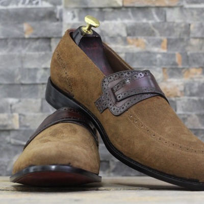 Handmade men's brown suede penny loafer shoes