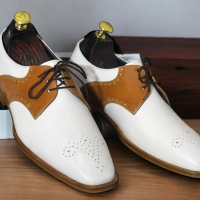 Handmade men's two tone brogue toe lace up office shoes - Thumbnail 1