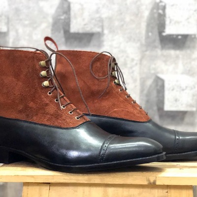 Handmade men's two tone leather & suede laceup cap toe boot,