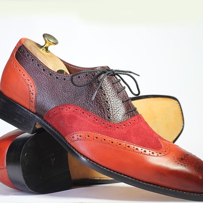 Handmade men's multi tone leather & suede laceup wing tip dress shoes