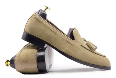 Handmade Men's Beige Suede Tassle Loafer Shoes