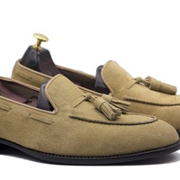 Handmade Men's Beige Suede Tassle Loafer Shoes - Thumbnail 1