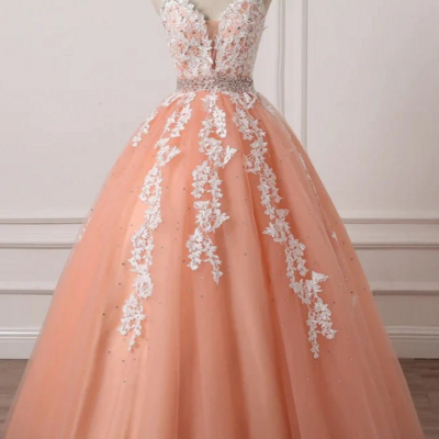 Charming coral princess v-neck lace applique beaded prom dress ball gown sweet 16 dresses kpp1757
