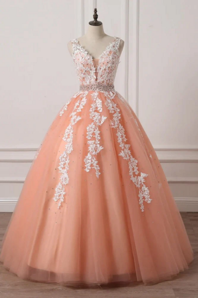 Charming Coral Princess V-Neck Lace Applique Beaded Prom Dress Ball Gown Sweet 16 Dresses KPP1757