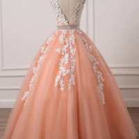 Charming Coral Princess V-Neck Lace Applique Beaded Prom Dress Ball Gown Sweet 16 Dresses KPP1757 - Thumbnail 1