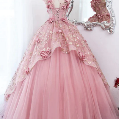 Cute pink tulle long prom dress with flowers sweet 16 gown kpp1758