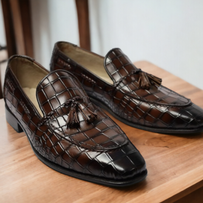 Men's brown genuine alligator print leather shoes, handmade slip on casual shoes - Thumbnail 1