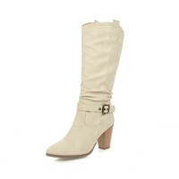 Belt buckle wood grain thick high heel sociot knight high boots  3 colors - Thumbnail 3