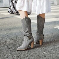 Belt buckle wood grain thick high heel sociot knight high boots  3 colors - Thumbnail 6