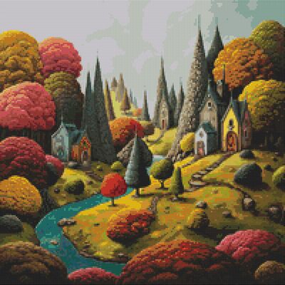 Whimsical landscape cross stitch pattern