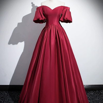 Burgundy satin long prom dress, off the shoulder evening party dress - Thumbnail 1