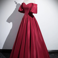 Burgundy Satin Long Prom Dress, Off the Shoulder Evening Party Dress - Thumbnail 2