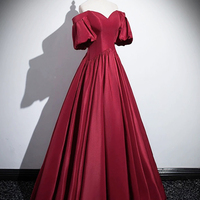 Burgundy Satin Long Prom Dress, Off the Shoulder Evening Party Dress - Thumbnail 3