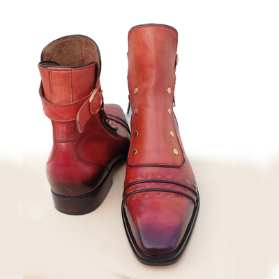 Handmade men brown leather buckle strap with side zipper and button ankle high jodhpur boot - Thumbnail 2