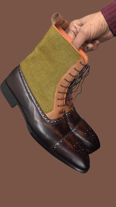 Crafted Leather Men Ankle Brown and Tweed Contrast Dress Boot