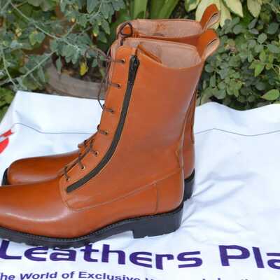 Crafted leather brown leather long military style zipper ankle high lace up boot - Thumbnail 4