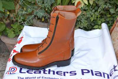 Crafted Leather Brown Leather Long Military Style Zipper Ankle High Lace up Boot