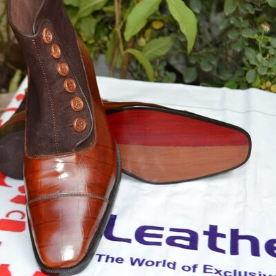 Two tone men brown crocodile texture and suede leather button ankle high dress boot - Thumbnail 4