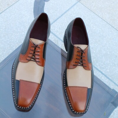 Crafted leather men handmade tri tone color lace up oxford dress shoes - Thumbnail 4