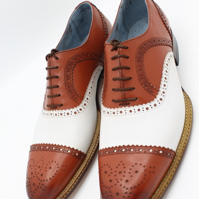 Crafted leather handmade men double norwegian welted tan and white lace up dress oxford shoes  - Thumbnail 5