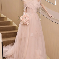 Off the Shoulder Champagne Floral Long Prom Dresses, Off Shoulder Champagne Floral Long Formal Evening Dresses KPP1760 - Thumbnail 1