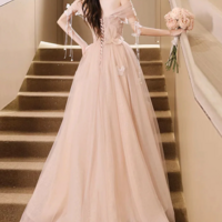 Off the Shoulder Champagne Floral Long Prom Dresses, Off Shoulder Champagne Floral Long Formal Evening Dresses KPP1760 - Thumbnail 2