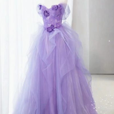 Purple lace floral tulle long prom dresses, purple tulle long lace formal evening dresses kpp1761