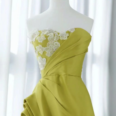 Strapless green satin floral prom dresses, green long floral long formal evening dresses kpp1762