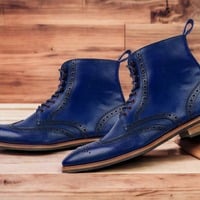 Handpainted Men's Blue Leather Lace up Wing tip Brogue Boot - Thumbnail 1