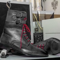 Handmade Men's Black Double Monk Buckle Laceup Cap Toe Ankle Boot - Thumbnail 1