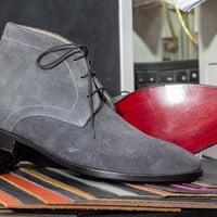 Handmade Men's Gray Suede Lace up Chukka Boots - Thumbnail 2