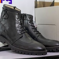 Handmade Men's Black Leather Lace up Wing tip Chunky Sole Boot - Thumbnail 1