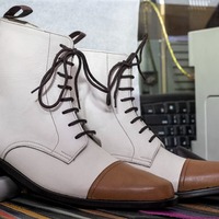 Handmade Men's Two tone Leather Laceup Derby Cap toe Boot - Thumbnail 1