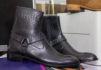 Handmade Men's Black Leather Harness Zipper Boot
