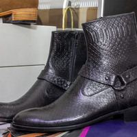 Handmade Men's Black Leather Harness Zipper Boot - Thumbnail 1