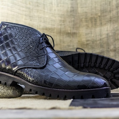 Handmade men's black alligator print laceup chunky sole boot - Thumbnail 2