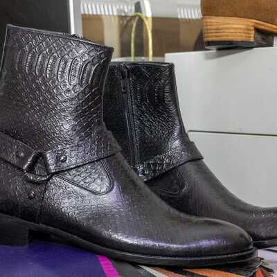 Handmade men's black leather harness zipper boot - Thumbnail 3