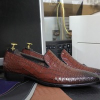 Handmade Men's Burgundy Alligator Print Loafer Shoes - Thumbnail 1