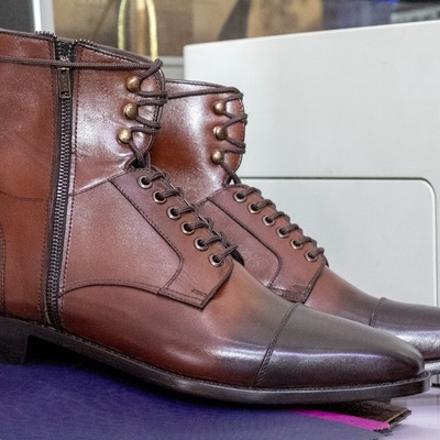 Handmade leather burgundy men's lace up cap toe boot - Thumbnail 4